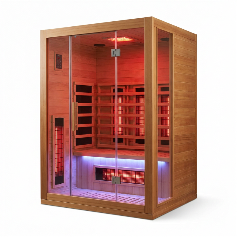 Full Spectrum Infrared Sauna，1-2 Person Home Sauna，Wooden Canadian Hemlock Indoor Spa Sauna with Resonance Speaker, Panoramic Tempered Glass Door