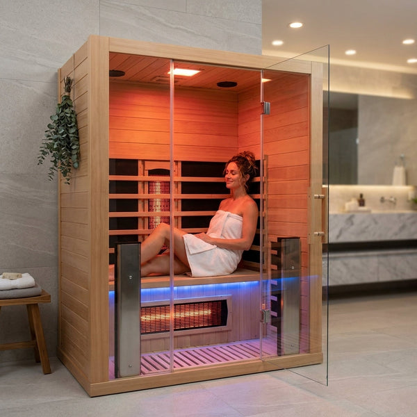 Full Spectrum Infrared Sauna，1-2 Person Home Sauna，Wooden Canadian Hemlock Indoor Spa Sauna with Resonance Speaker, Panoramic Tempered Glass Door